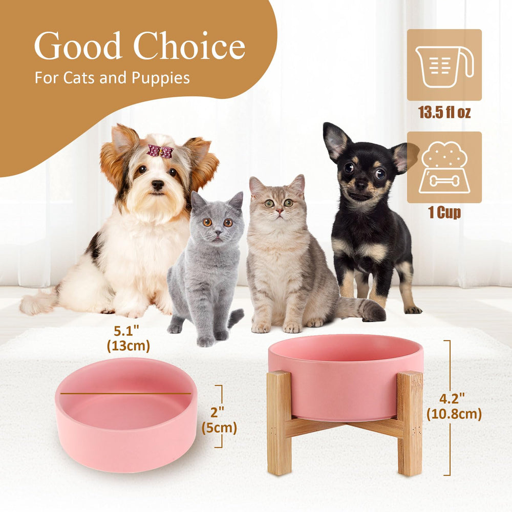HCHLQLZ elevated ceramic cat bowl pink side view shows bamboo stand stability