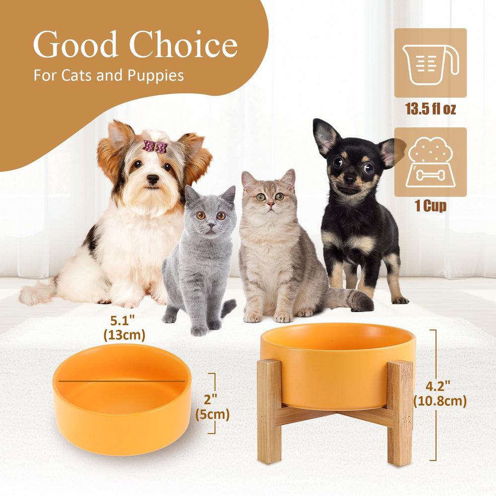 HCHLQLZ elevated ceramic cat bowl yellow with bamboo stand demonstrates stability.