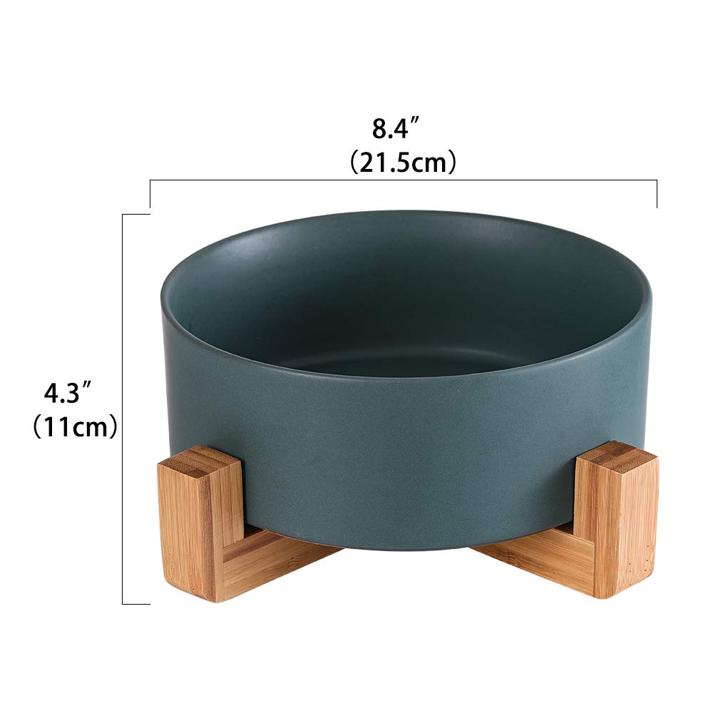 HCHLQLZ green ceramic dog bowl with wood stand side view shows anti-tip design