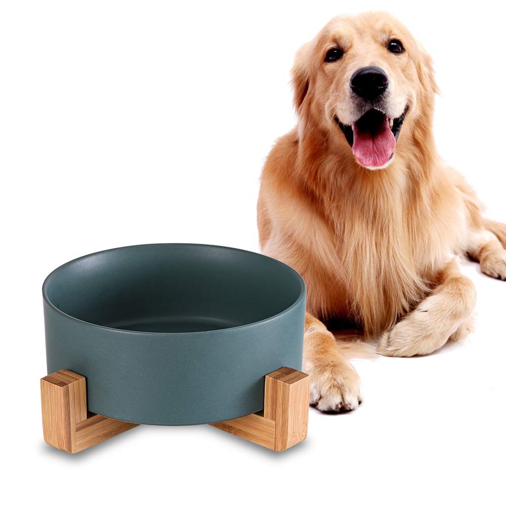 HCHLQLZ green ceramic dog bowl with wood stand top view for large-dog stability