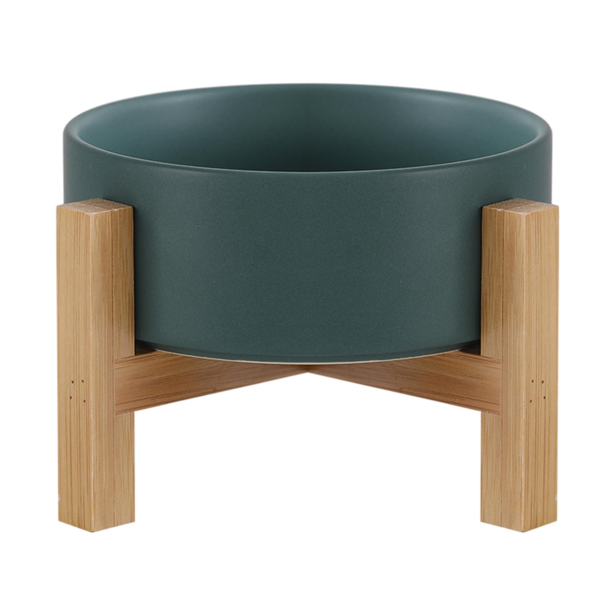 HCHLQLZ raised ceramic cat bowl with bamboo stand in green for elevated feeding.