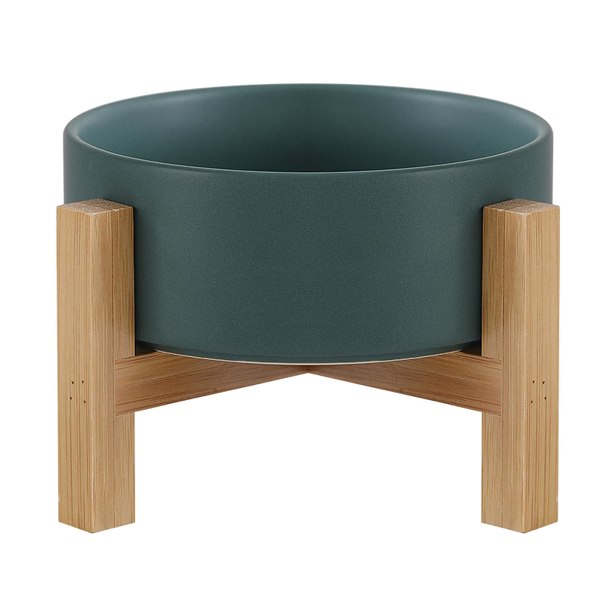 HCHLQLZ raised ceramic cat bowl with bamboo stand in green for elevated feeding.