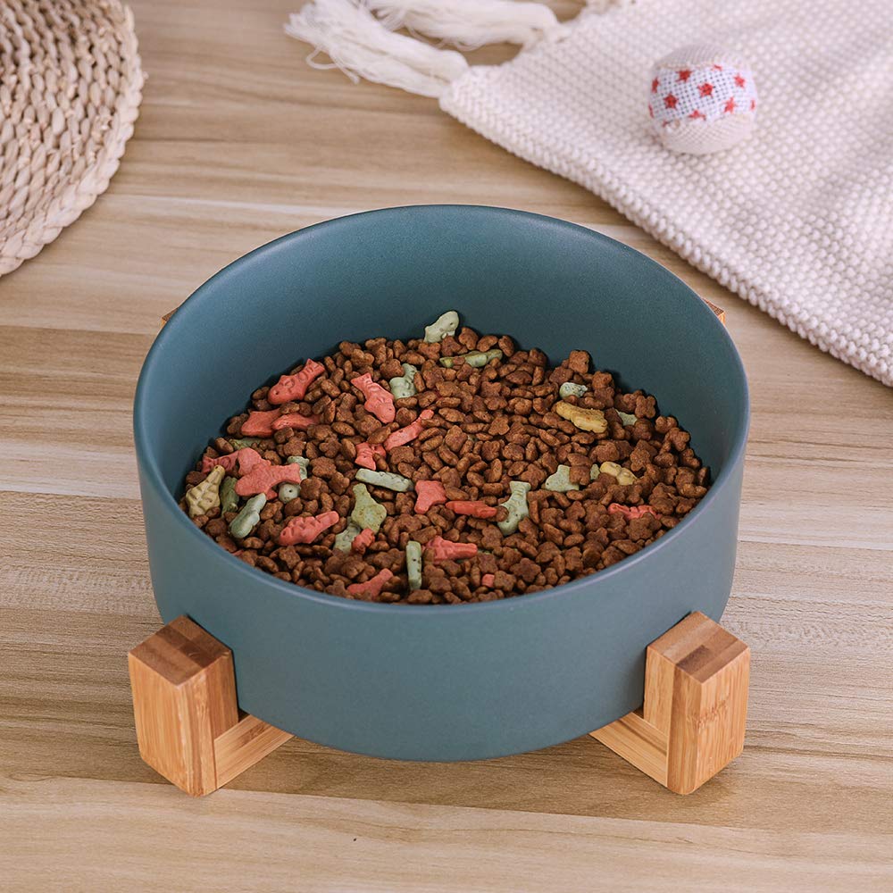 HCHLQLZ stoneware pet bowl on bamboo stand close-up with smooth easy-clean surface
