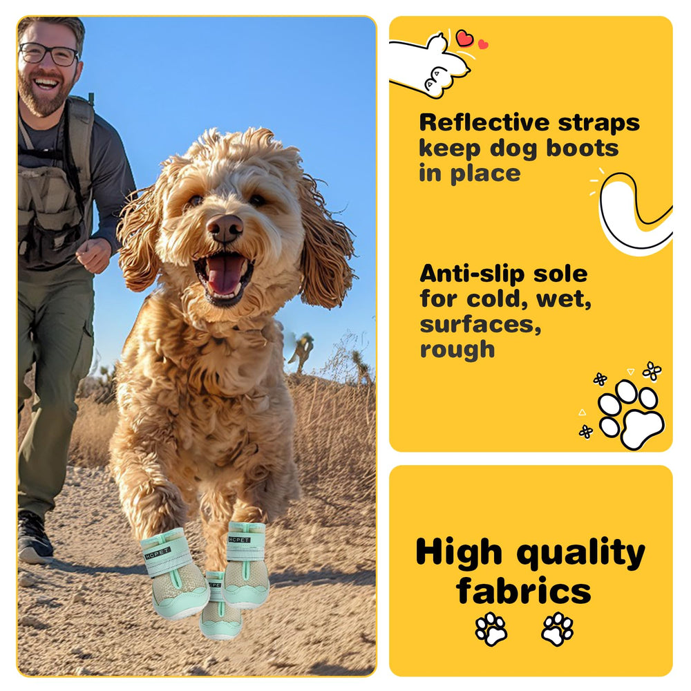 Hcpet dog boots green sole grip emphasizing traction on wet or rocky surfaces.