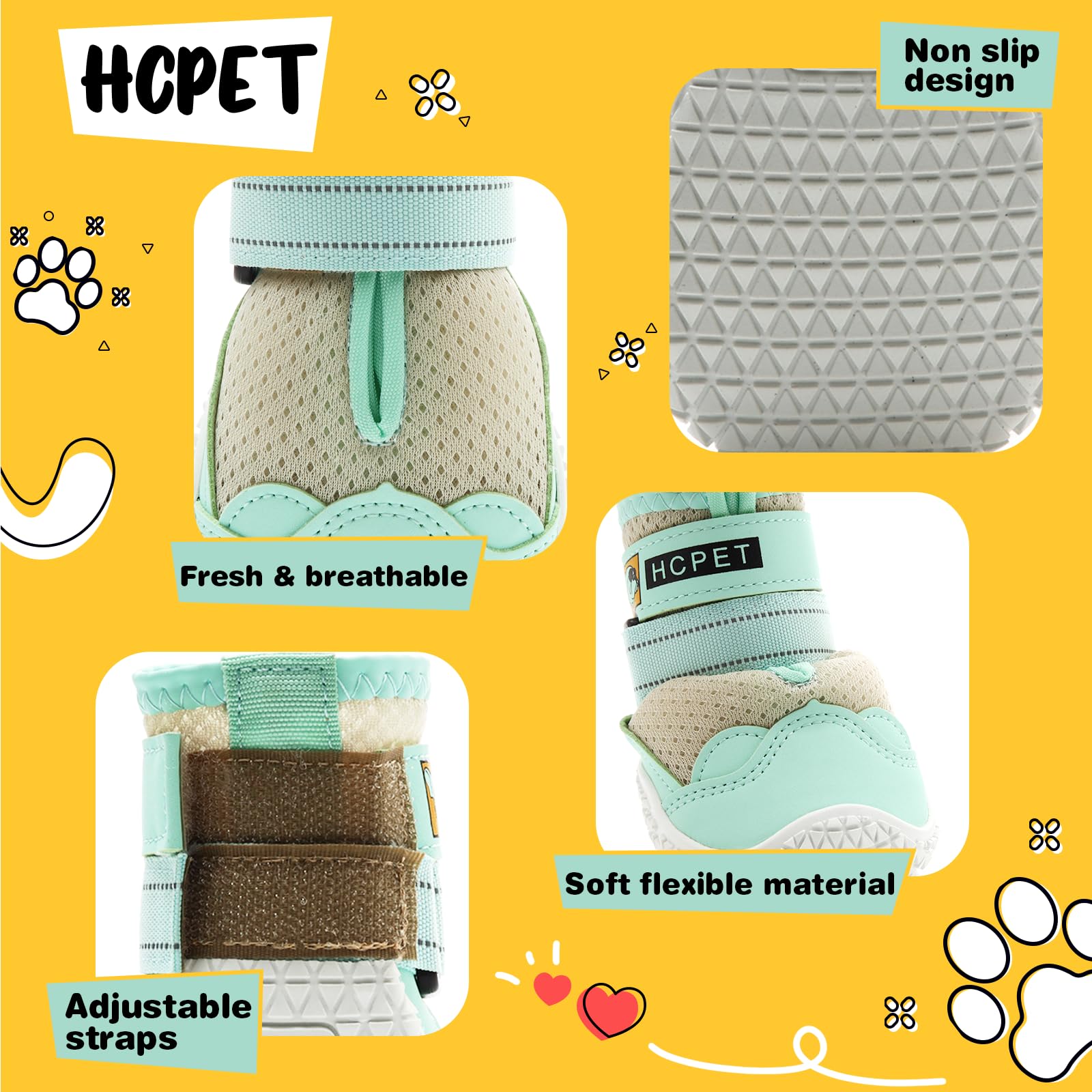 Hcpet dog shoes green heel detail showcases secure fit and durable construction.