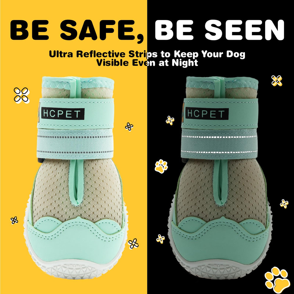 Hcpet dog shoes green walking on pavement demonstrates paw protection on hot surfaces.