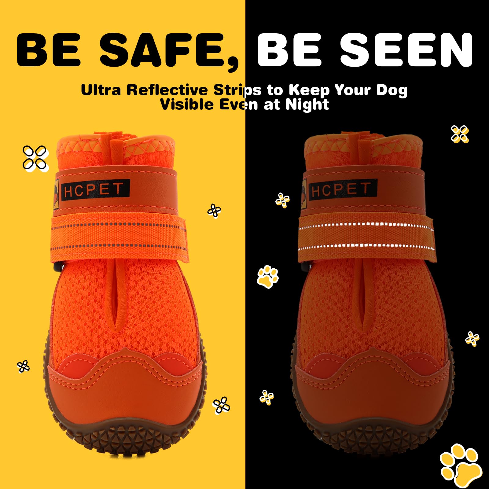 Hcpet orange boots with reflective straps for safer nighttime walks.