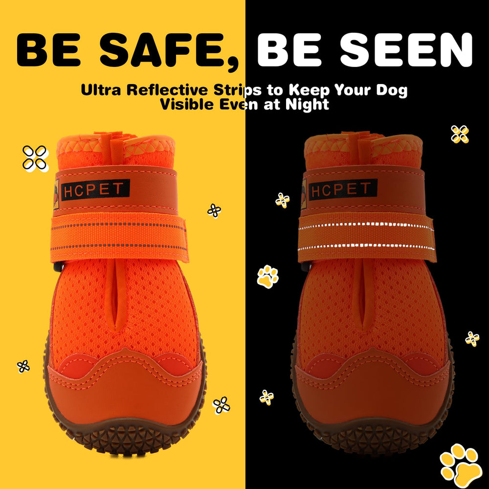 Hcpet orange boots with reflective straps for safer nighttime walks.