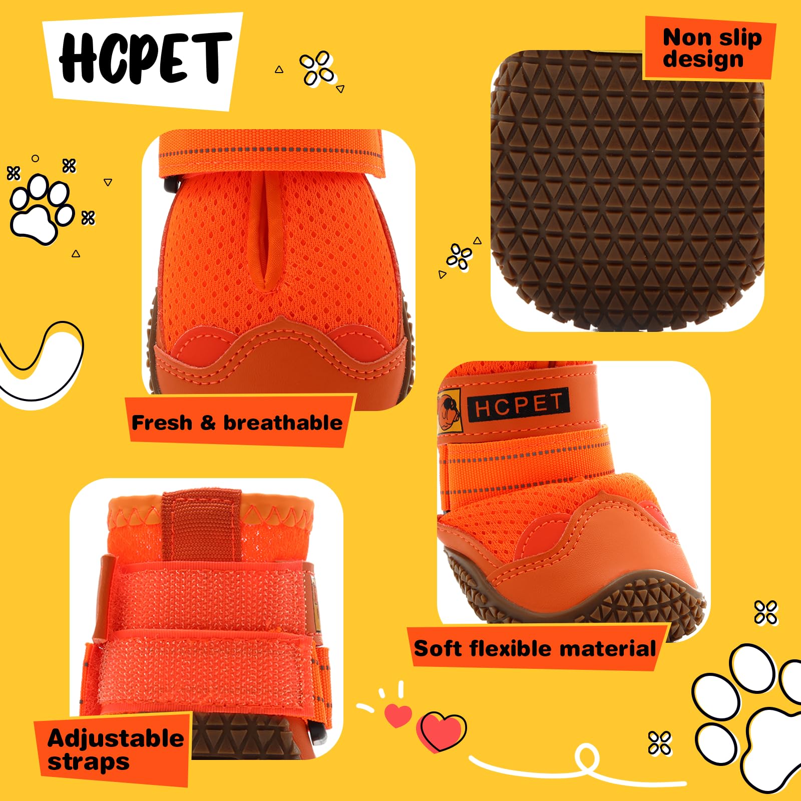 Hcpet dog shoes during a pavement walk in bright orange for visibility.