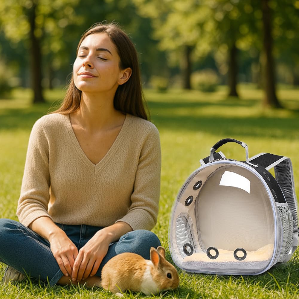 Hcupet Bunny Carrier ventilation image showing seven air holes and mesh for cool comfort.