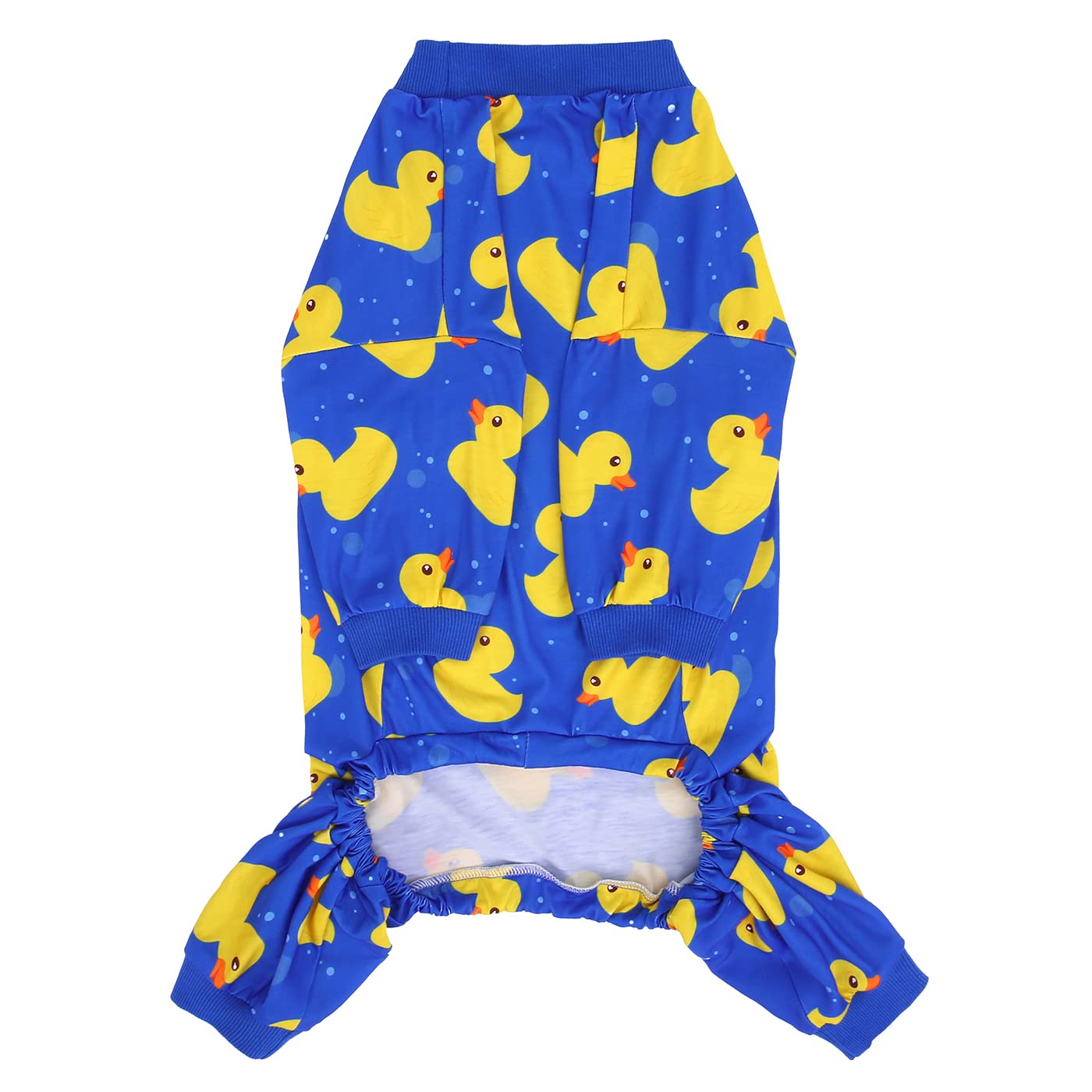 HDE dog pajamas highlight elastic cuffs for secure, free movement.