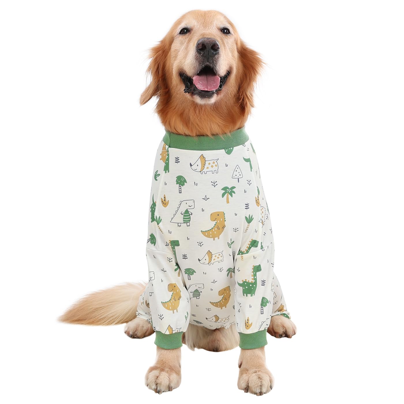 HDE dog pajamas forest-dinos back view highlighting full-body coverage