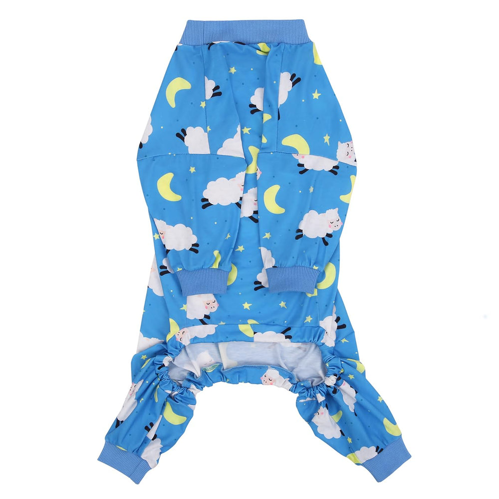 HDE Dog Pajamas on dog in bed illustrating fur staying on pajamas for cleaner space