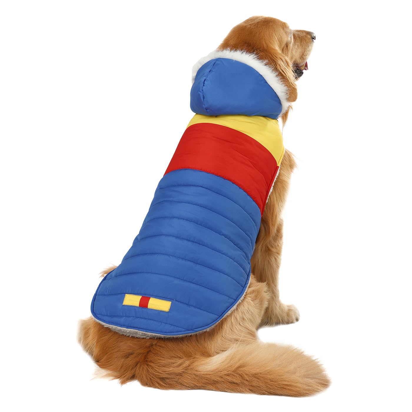 HDE dog puffer jacket with faux fur hood detail protects ears from wind and snow.