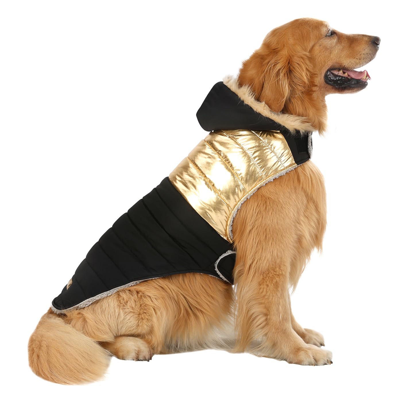 HDE dog puffer jacket front view keeps your pet warm on winter walks.
