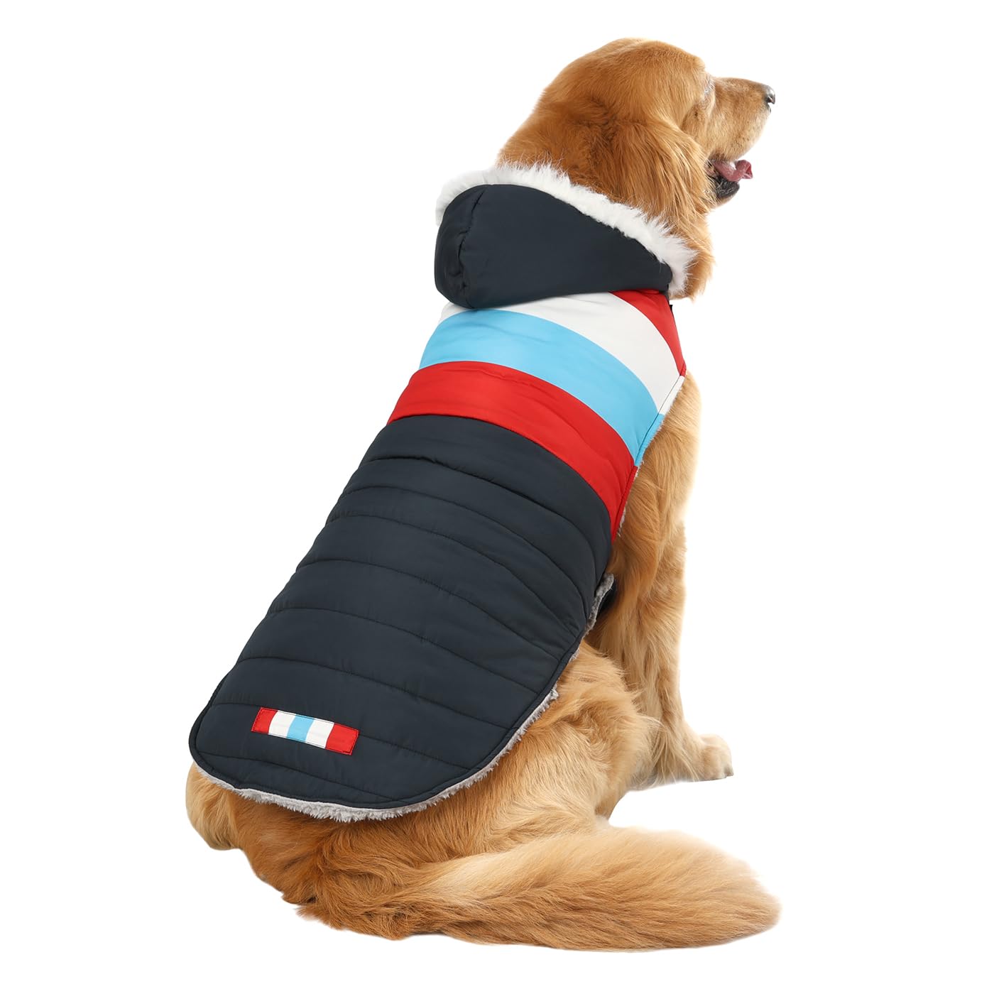 HDE dog puffer jacket hood detail with faux fur trim protects ears from wind