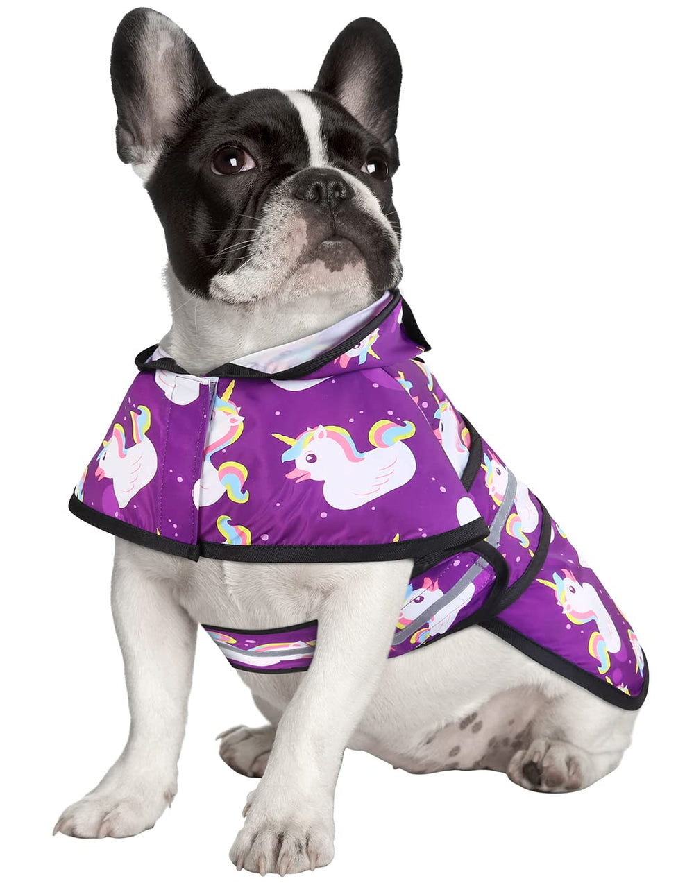 HDE dog raincoat back view shows adjustable belly strap for secure fit