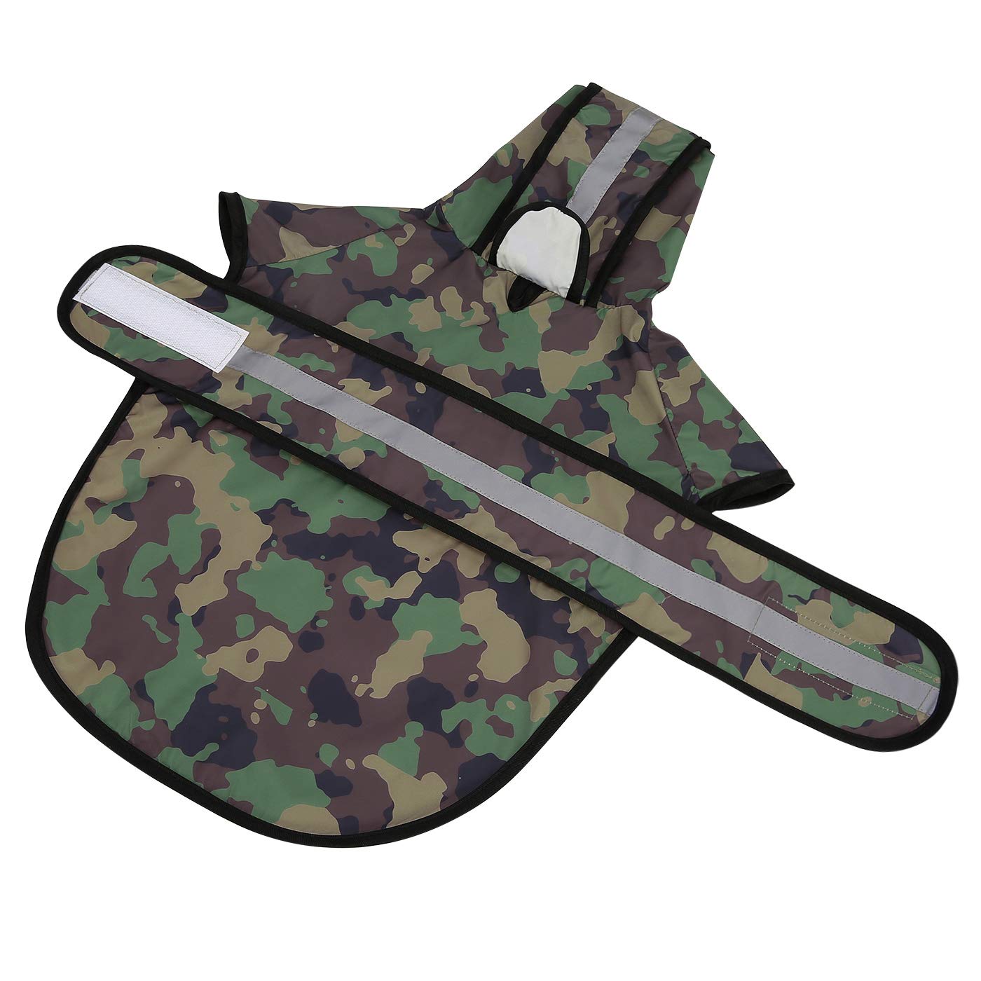 HDE dog raincoat camo adjustable belly strap ensures secure fit.