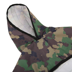 HDE dog raincoat camo harness opening enables quick leash attachment.
