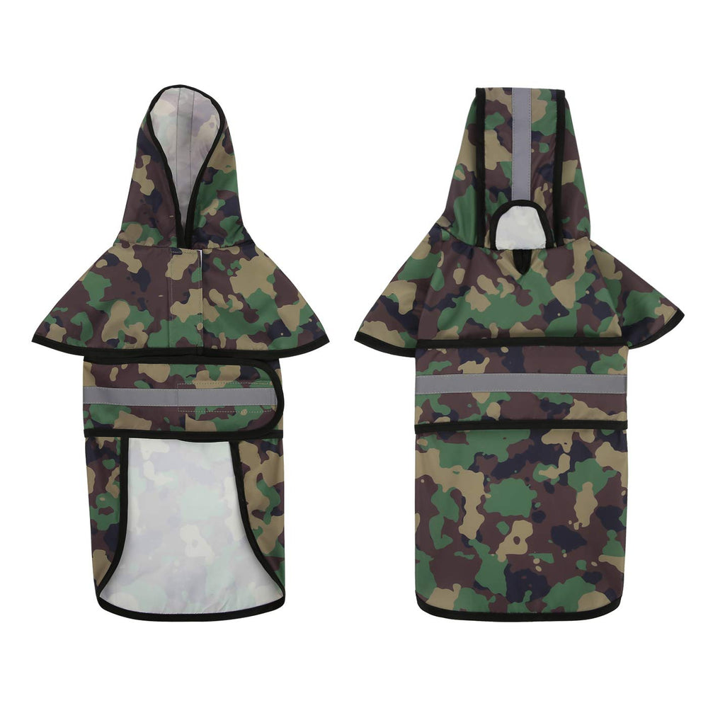 HDE dog raincoat camo reflective strip boosts visibility during evening strolls.