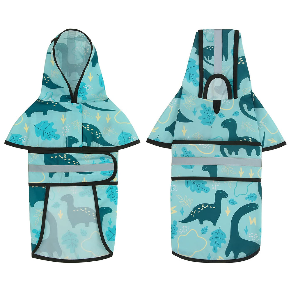 HDE Dog Raincoat Dinosaurs harness opening lets leash use without removing coat.