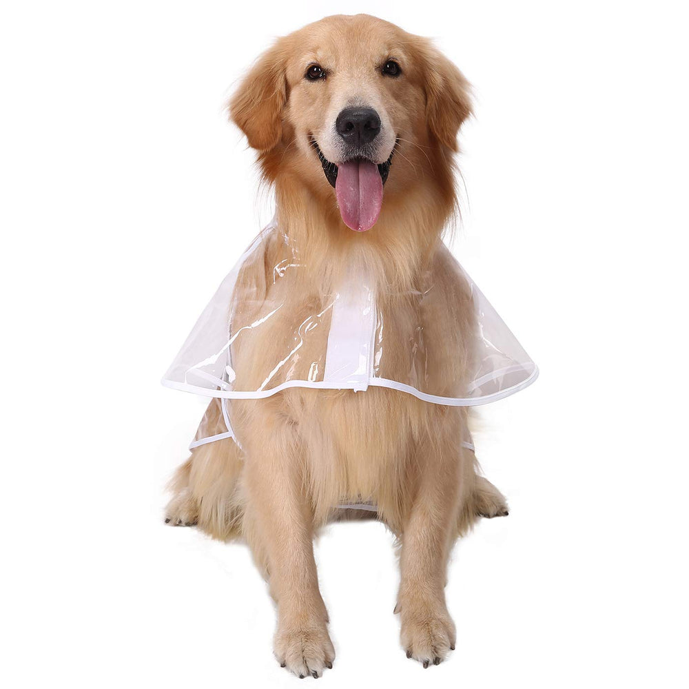 HDE dog raincoat hooded poncho in clear, back view with visibility features.