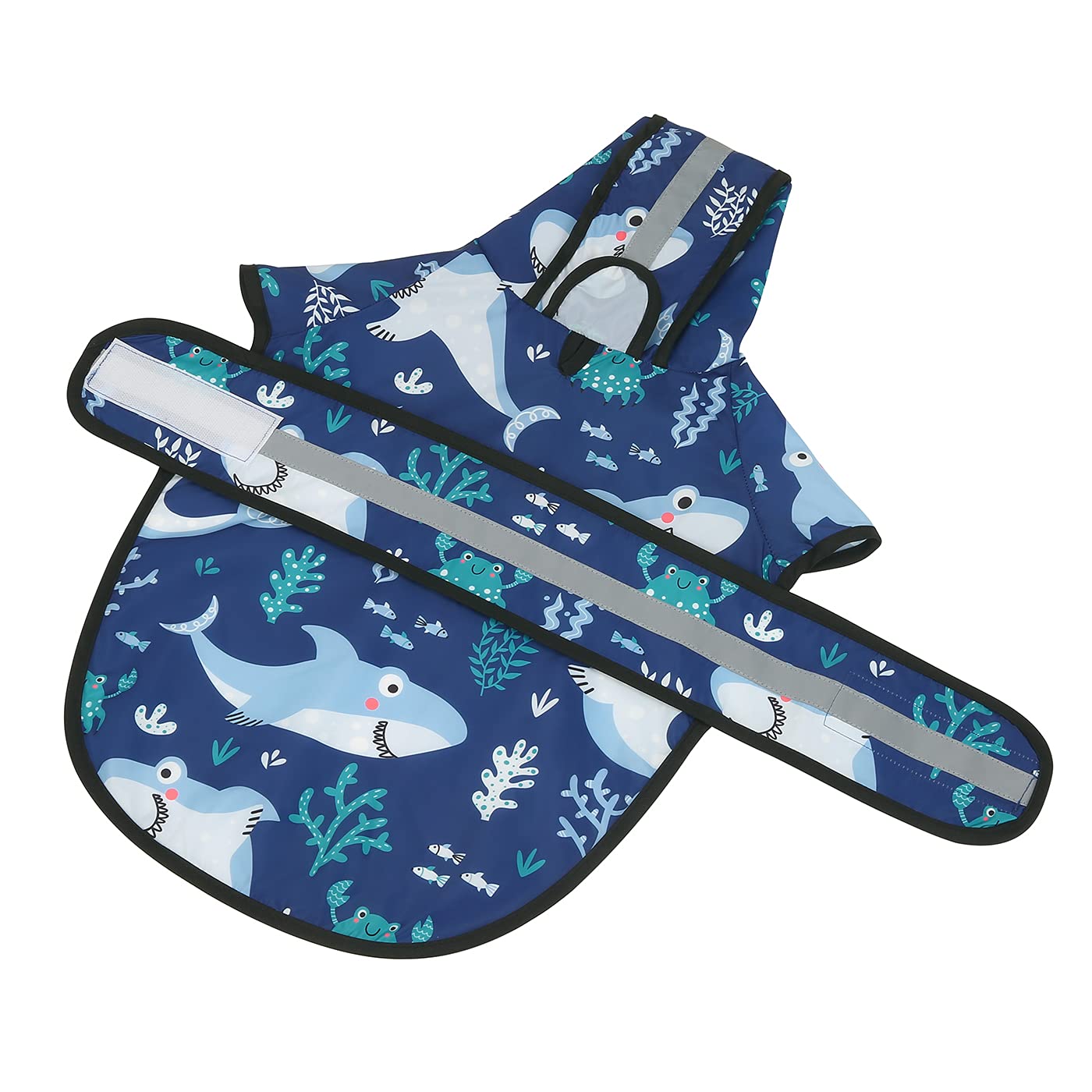 HDE shark-pattern raincoat on an XL dog for rainy-day walks
