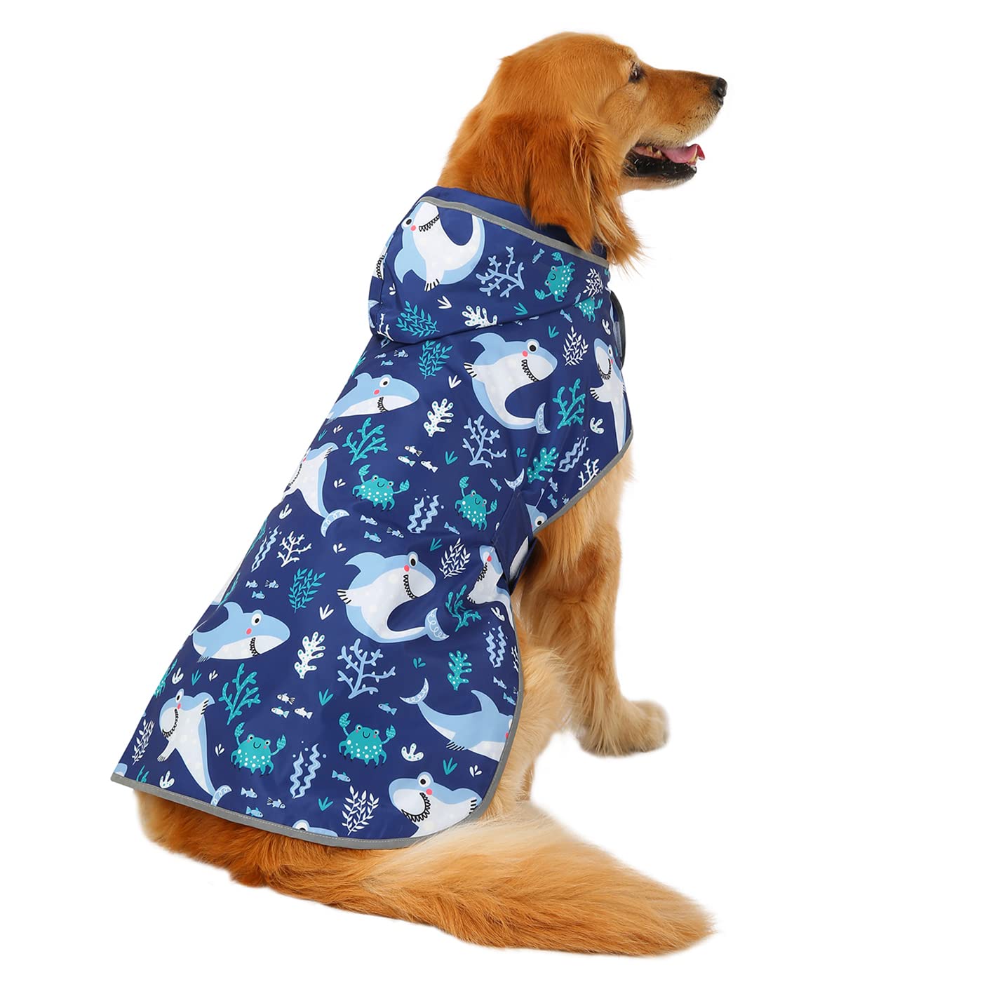 HDE dog raincoat shows built-in leash hole for easy on-leash outings.
