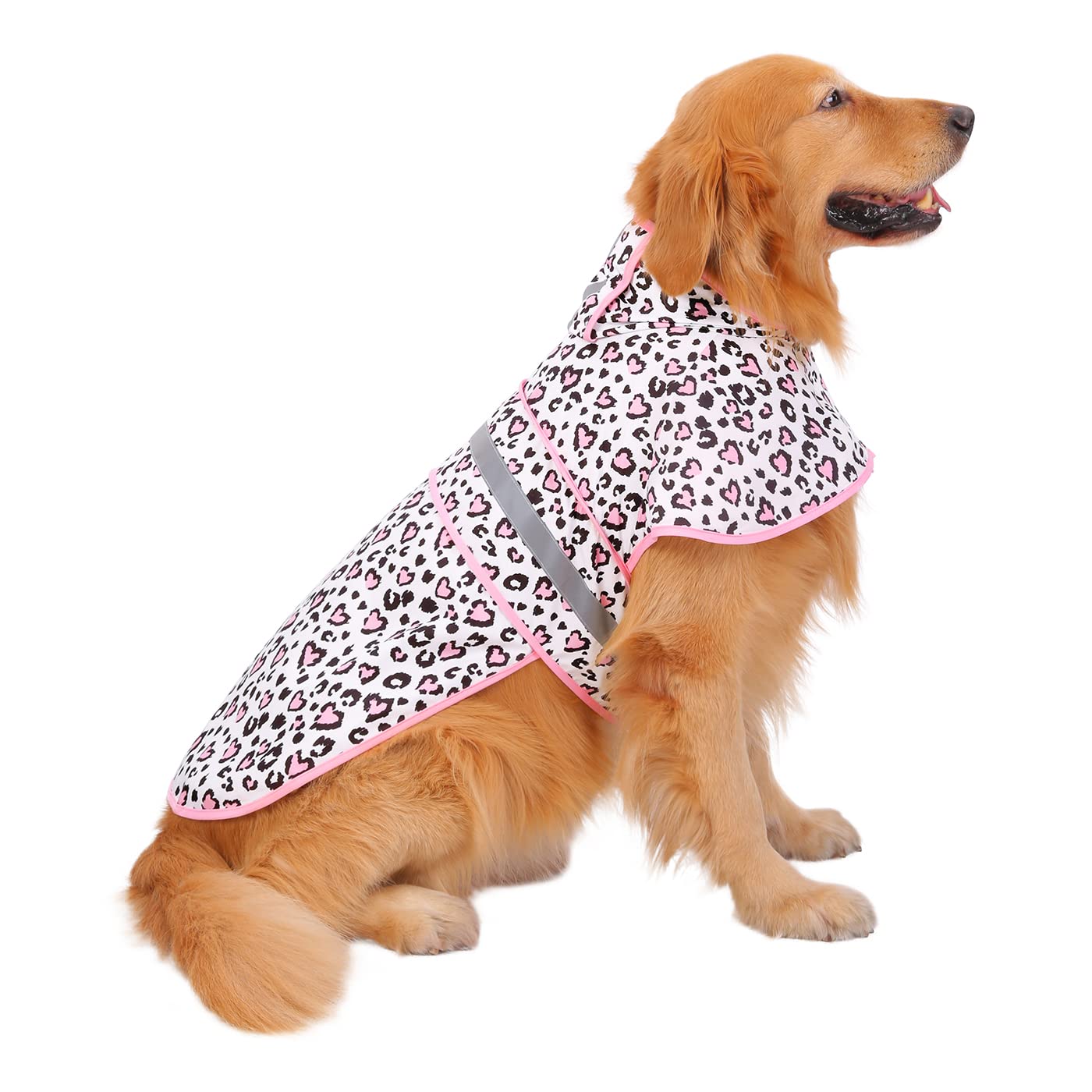 HDE dog raincoat Leopard Hearts XL hood on dog for rain protection during walks