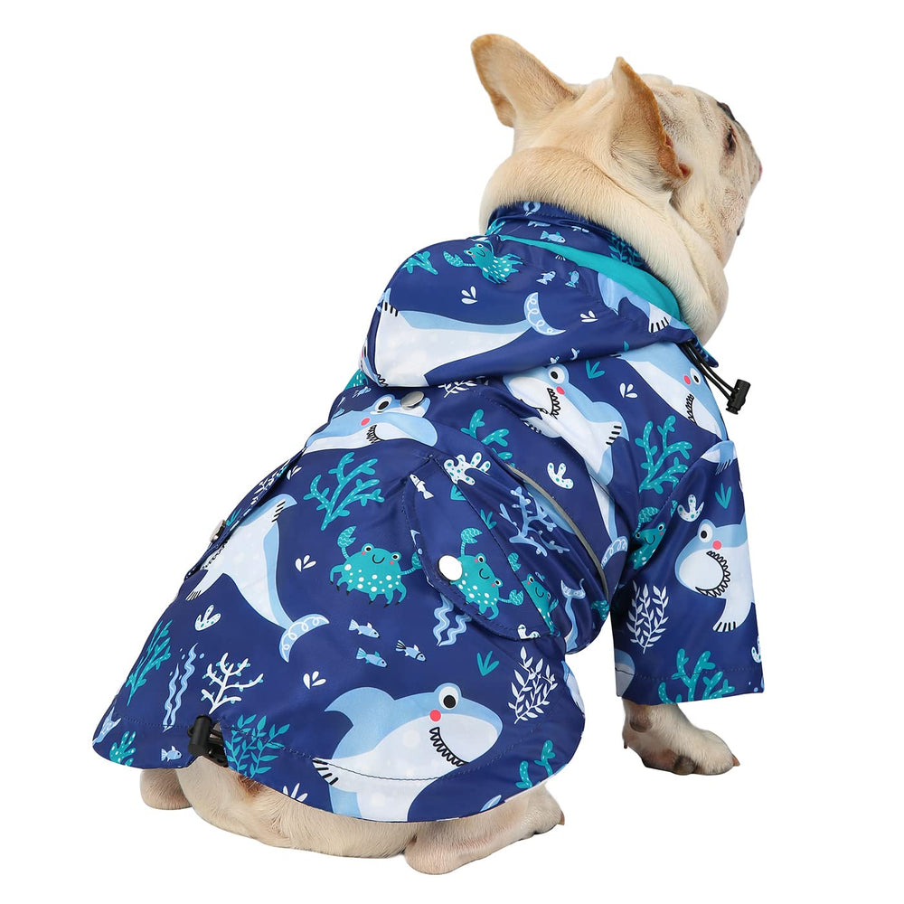 HDE dog raincoat poncho harness hole and reflective panels enhance safety during evening walks.