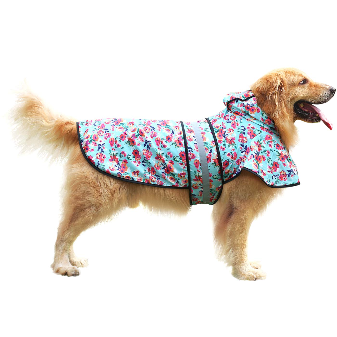 HDE dog raincoat turquoise reflective detail highlights visibility during dusk strolls