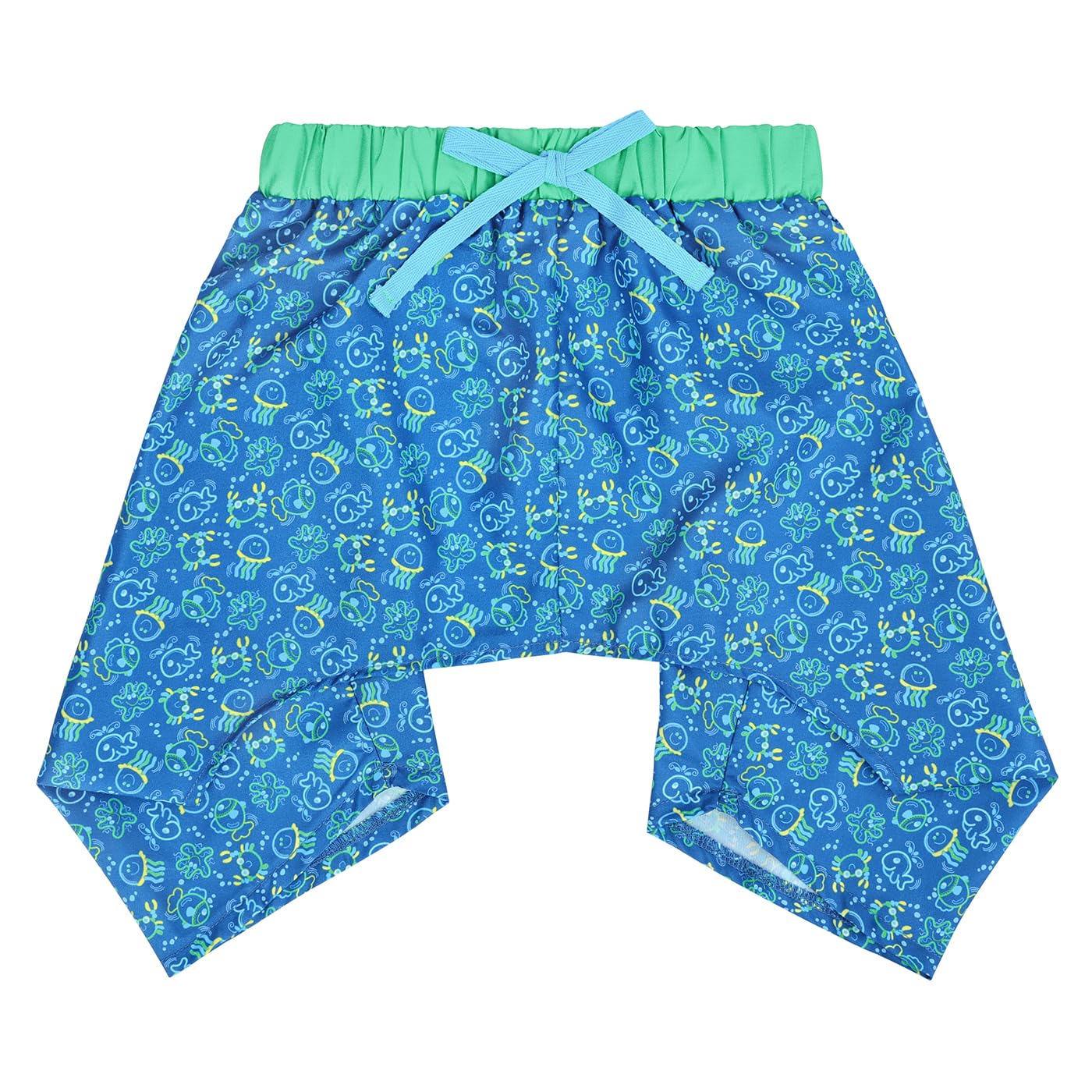 HDE dog swim trunks front view showing vibrant glowing sea creatures for bright beach days