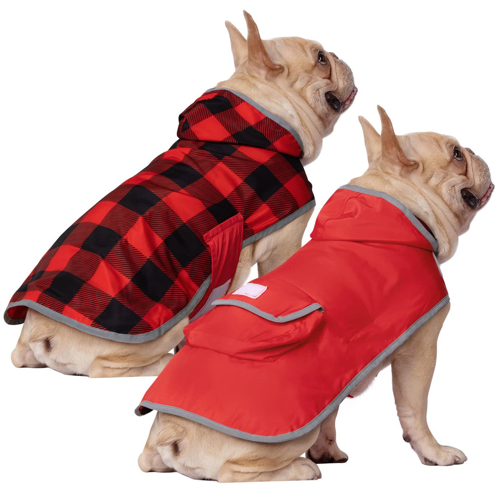 HDE reversible dog raincoat buffalo plaid red on wet streets provides rain-ready style