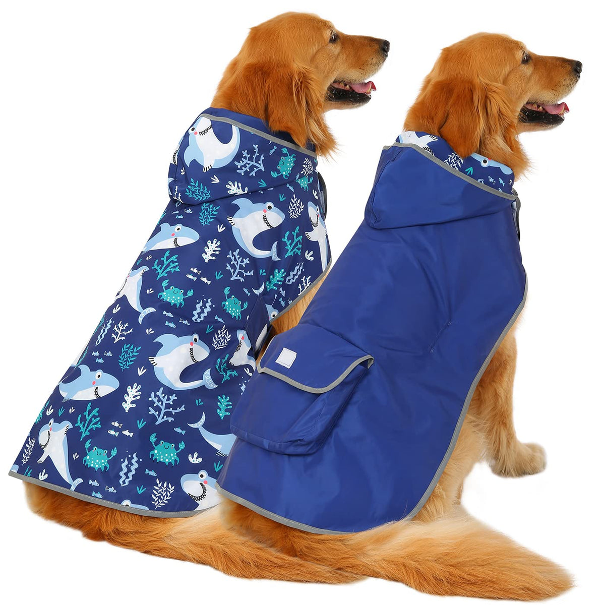 HDE reversible dog raincoat solid color worn by a dog during a rainy walk, dry protection.