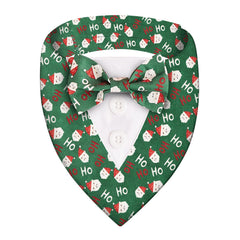 HDGDT Christmas dog tuxedo bandana close-up shows crisp plaid with a festive bow for holiday photos
