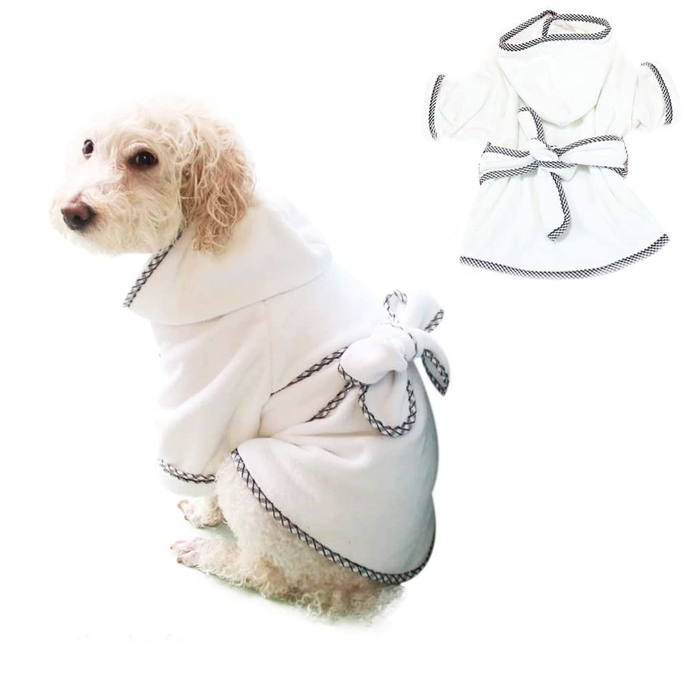 HDKUW dog bathrobe in white hooded towel wraps pets to dry quickly after baths