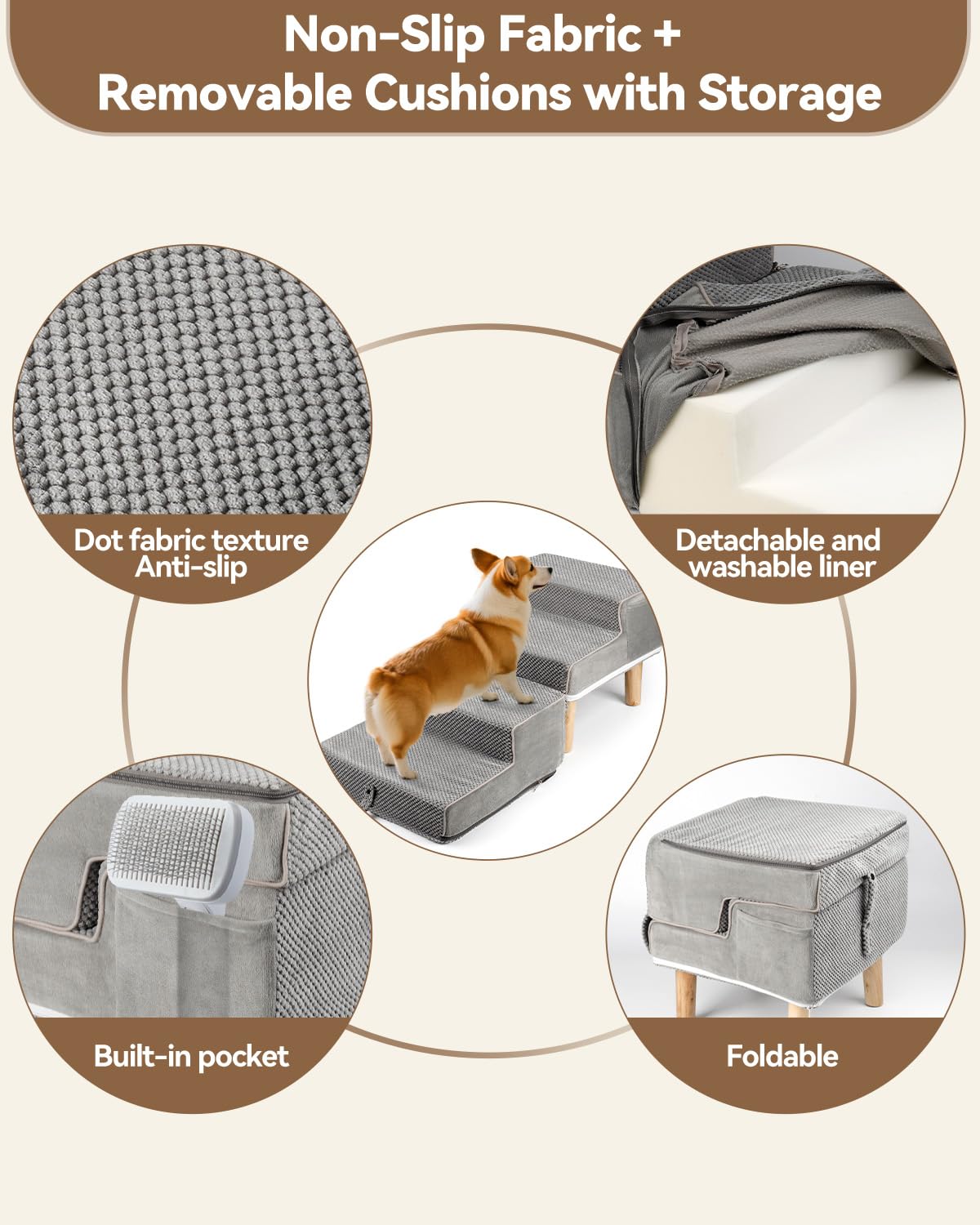 Hdnbsp Dog Ramp Ottoman anti-slip fabric keeps paws secure.
