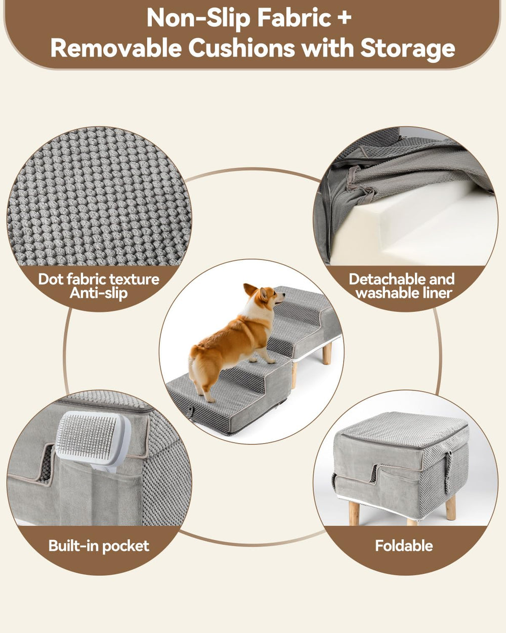 Hdnbsp Dog Ramp Ottoman anti-slip fabric keeps paws secure.