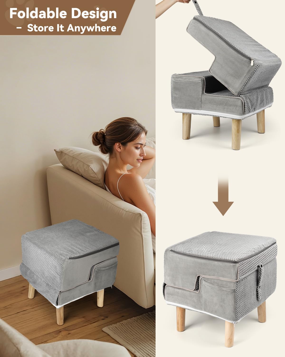 Hdnbsp Dog Ramp Ottoman neutral gray blends with home decor.