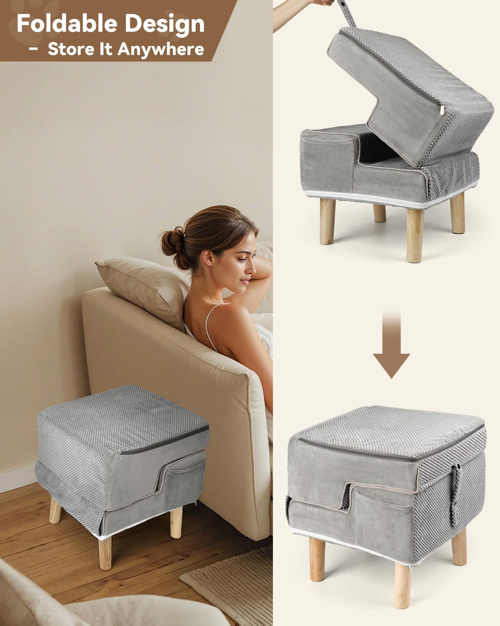 Hdnbsp Dog Ramp Ottoman neutral gray blends with home decor.