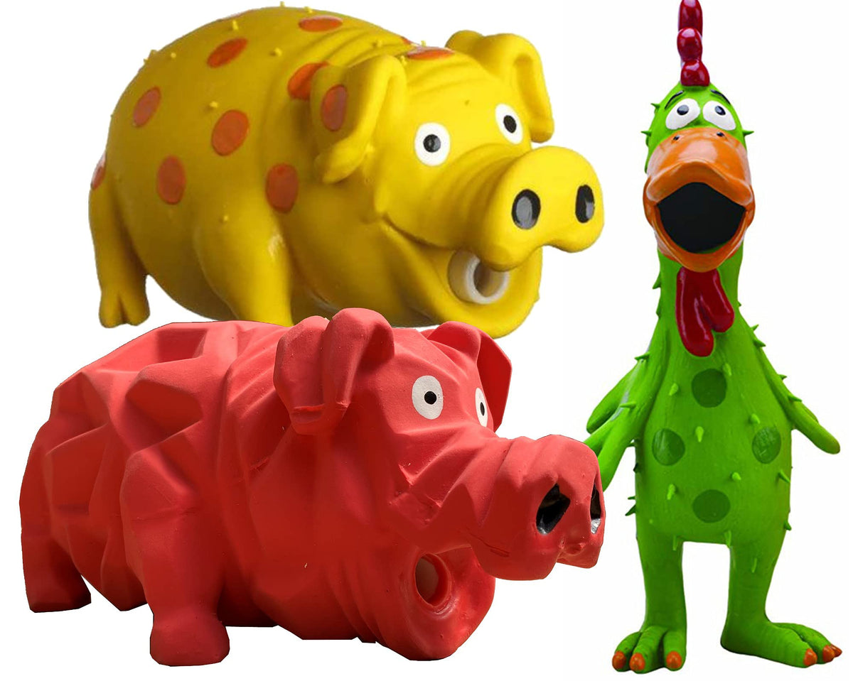 HDP Multipet latex grunting toy with Globken chicken close-up for interactive play and squeaks