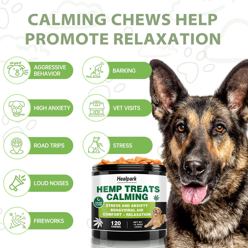 Healpark bottle label close-up; vet-formulated, all-natural dog calming solution.