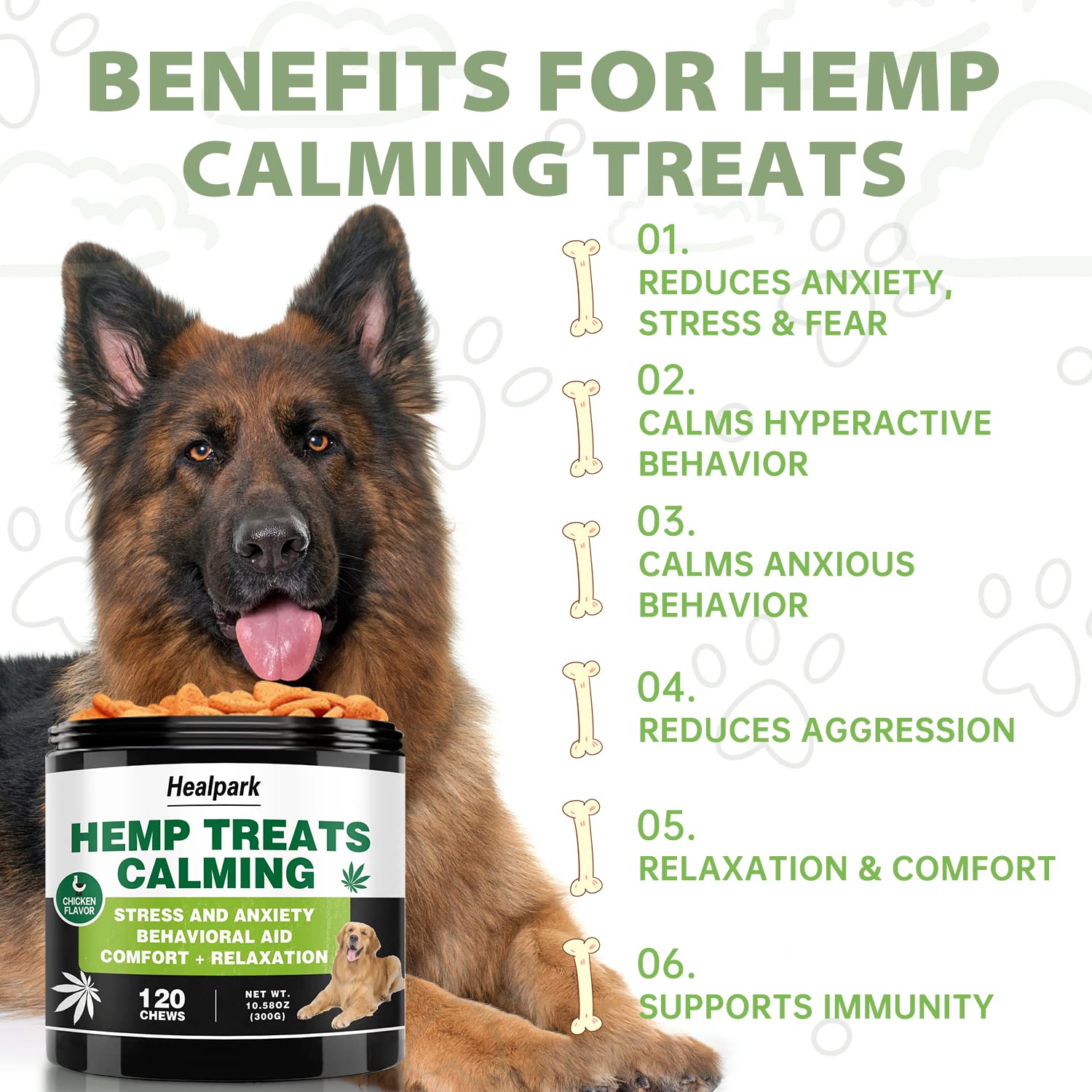 Healpark ingredients close-up showing a natural calming blend for dogs.