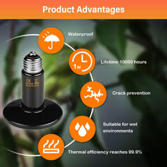 HealSmart no-light heat lamp on terrarium; sleep-friendly warmth