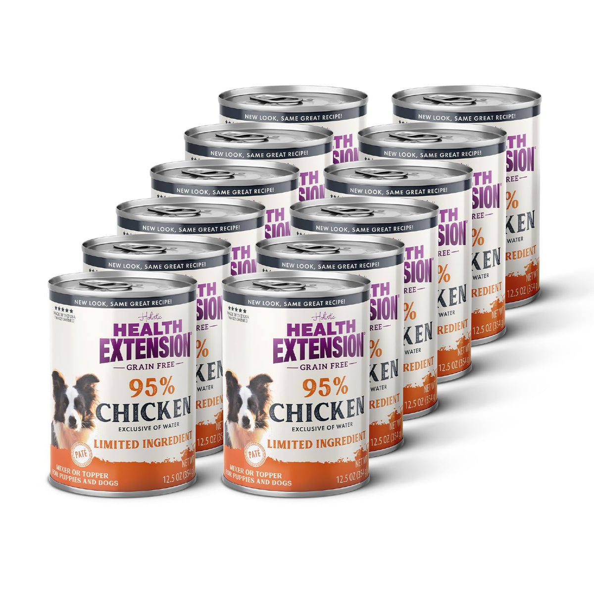 Health Extension 95% Chicken wet dog food can close-up highlighting protein rich formula
