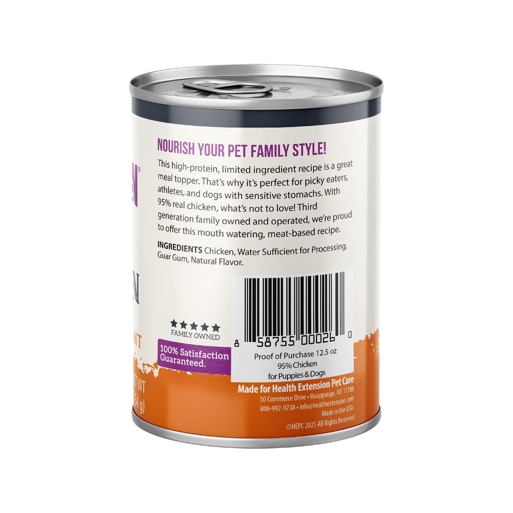Health Extension 95% Chicken grain-free wet dog food being poured over kibble for flavor boost