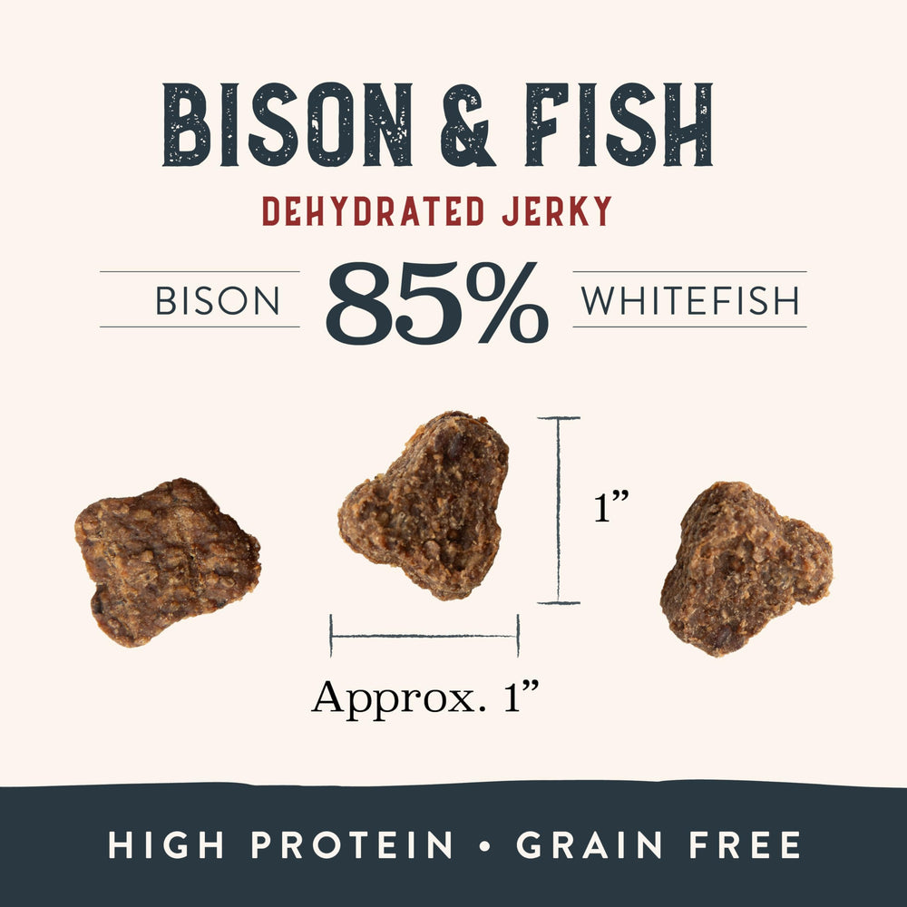 Health Extension Bison & Fish Jerky grain-free label signaling gentle digestion support.