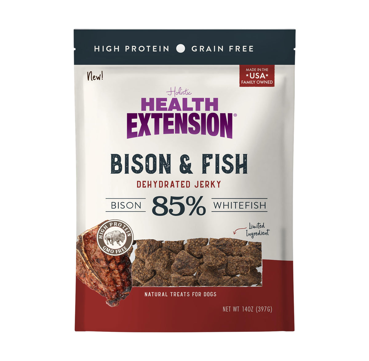 Health Extension Bison & Fish Dehydrated Jerky packaging shows protein-rich USA-made formula.