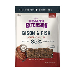 Health Extension Bison & Fish Dehydrated Jerky packaging shows protein-rich USA-made formula.