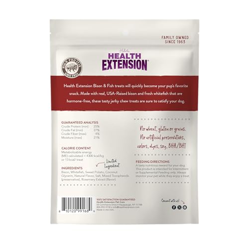 Health Extension Bison & Fish Jerky close-up with real chunks signaling protein-rich training reward.